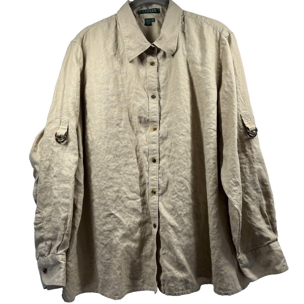 Lauren Ralph Lauren Women's Top Blouse 1X Tan 100% Linen Long‎ Sleeve Button Up